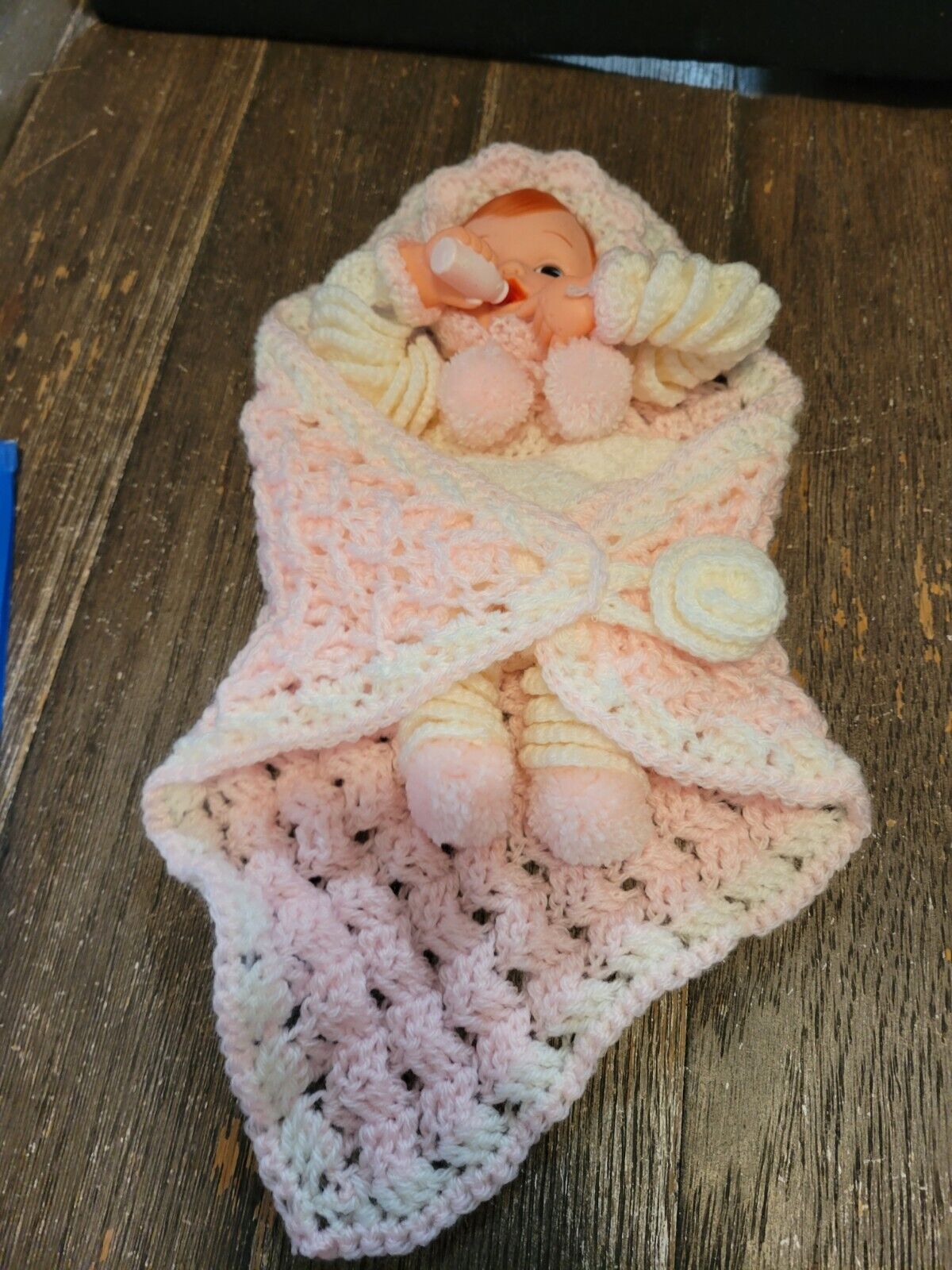 Vtg 50’s Rubber Baby Doll Face Arms Bottle Doll Plush Handmade Crochet Pink Euc