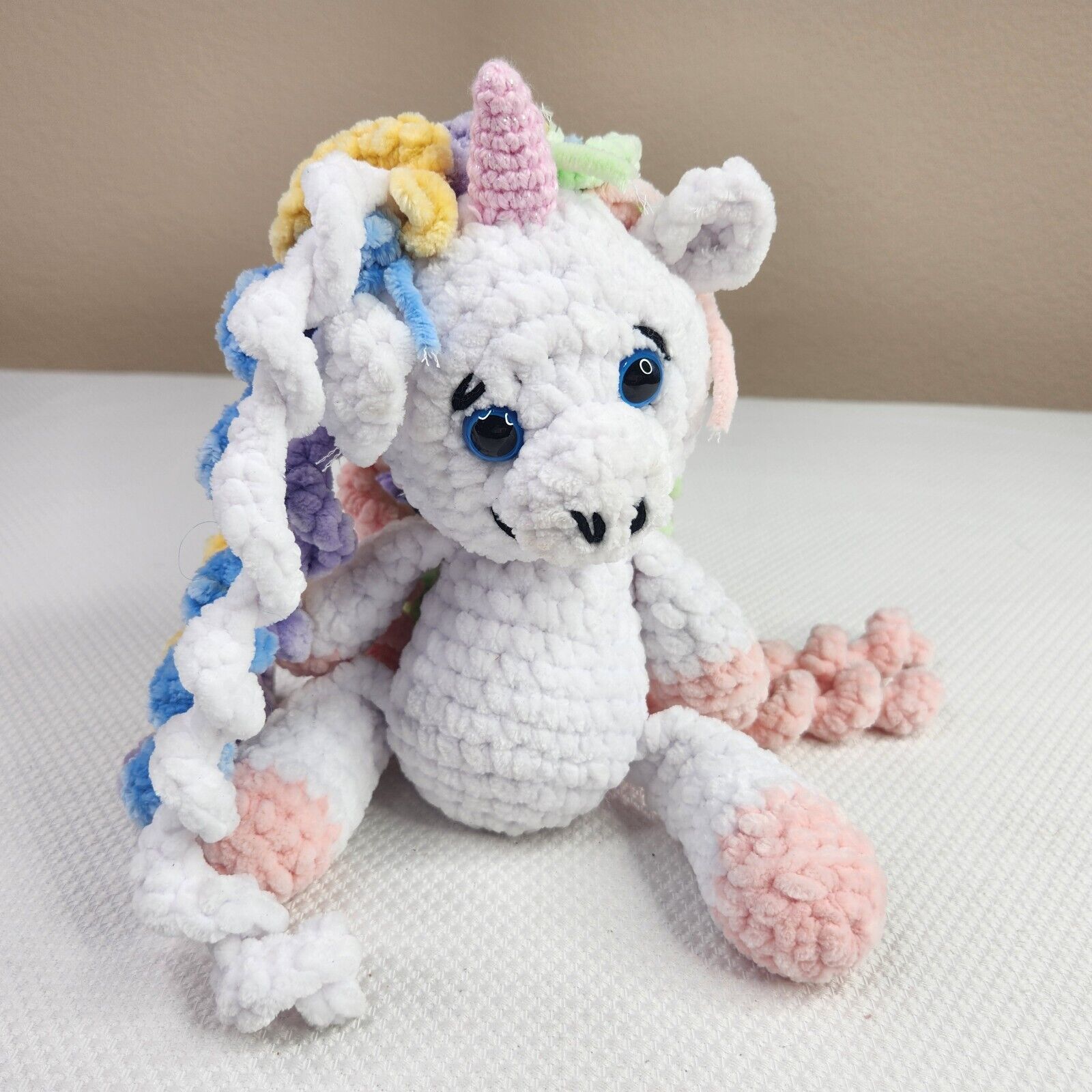 Soft Fluffy Stuffed Crochet Unicorn Doll White Pastel Plushie Amigurumi 12"