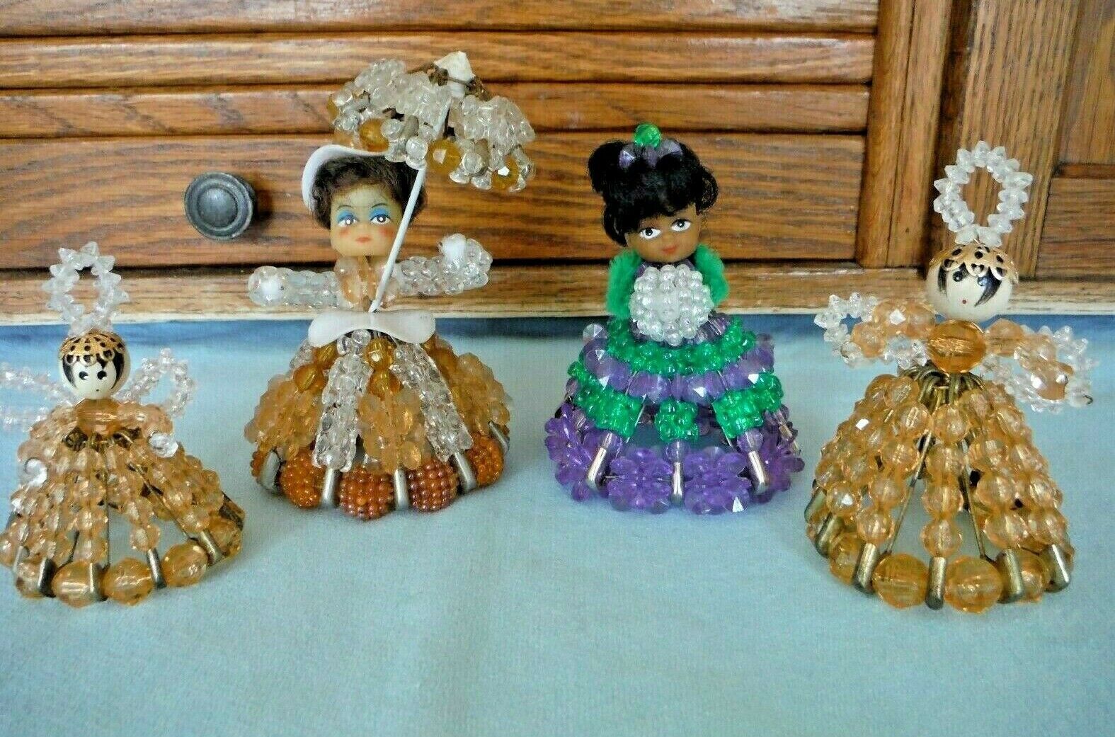 Lot Of 4 Vintage Handmade Safety Pin Bead Dolls