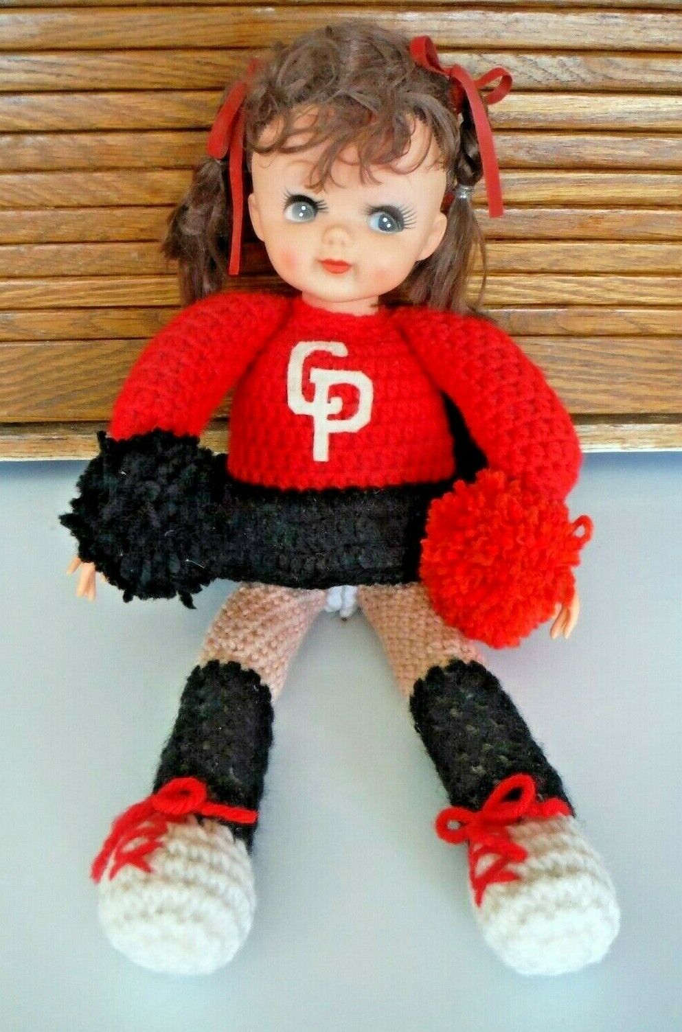 Vintage Handmade Crochet Knit Doll 18" Cheerleader With Pom Poms